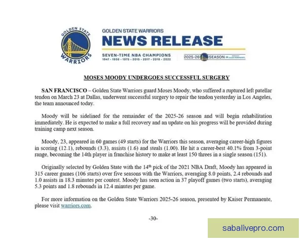 勇士官方宣布穆迪成功手术缺席剩余赛季 预计完全康复